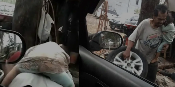 Isterinya Baru “Pergi”. Bapa Tunggal Ini Terpaksa Dukung Anak Kecil Sambil Kerja. Berderai Air Mata Tengok